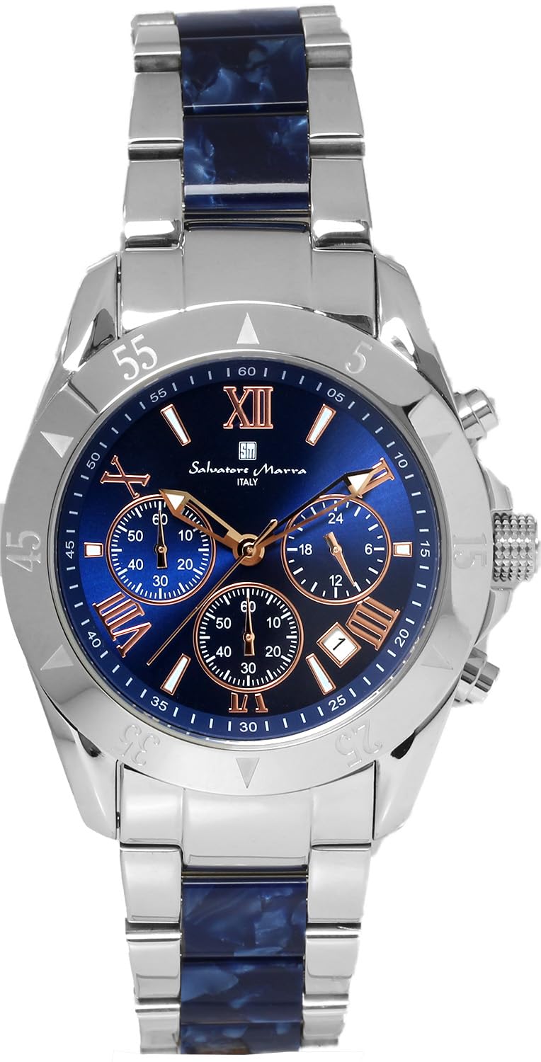 Salvatore Marra SM23105-SSBLPG Men s Chronograph Watch, 20th Anniversary Limited Model, Blue Dial, Rose Gold & Silver Acetate Belt.
Salvatore Marra SM23105-SSBLPG Men s Chronograph Watch, 20th Anniversary Limited Model, Blue Dial, Rose Gold & Silver Acetate Belt.