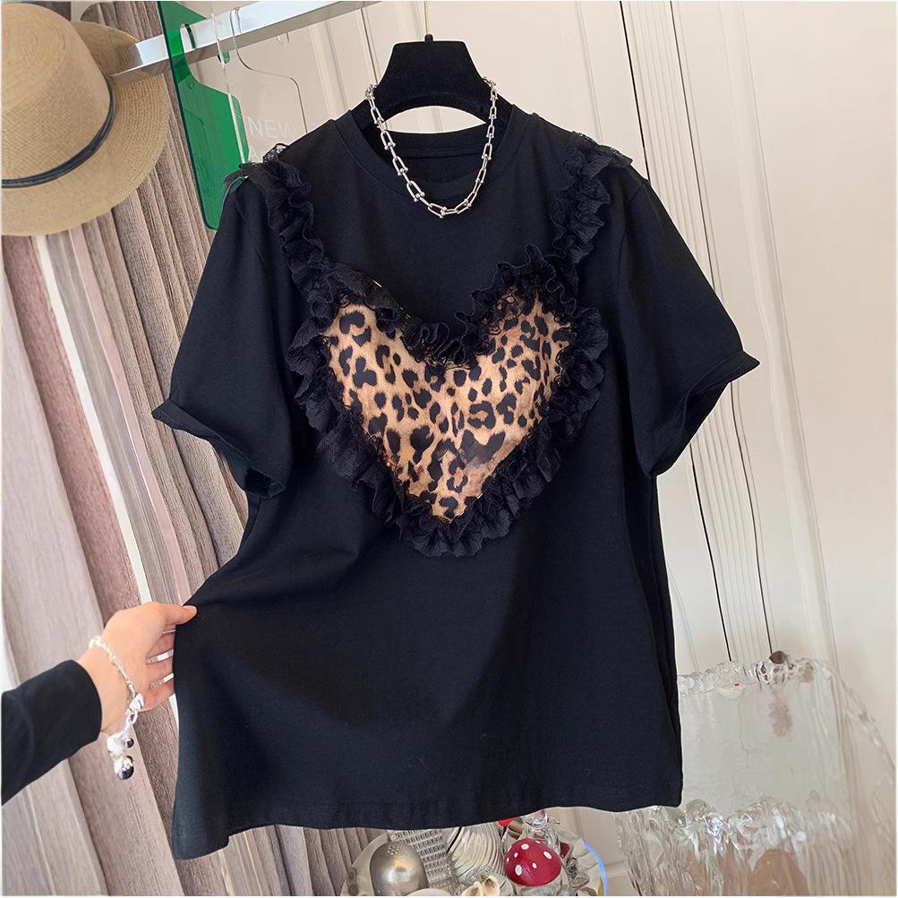 European Plus Size Leopard Heart Lace Trim Short Sleeve Cotton T-Shirt for Women 3XL чорний
European Plus Size Leopard Heart Lace Trim Short Sleeve Cotton T-Shirt for Women 3XL чорний