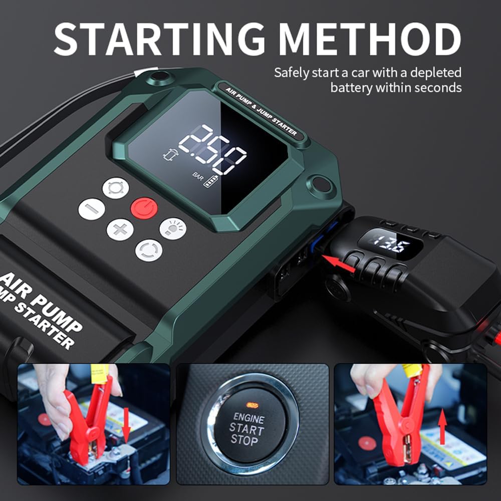 Car Jump Starter Portable with Air Compressor 2000A Peak (6.0L Gas,4.5L Diesel) Emergency Rapid lnflation Air Pump 12V Car Battery Jump with Power
Car Jump Starter Portable with Air Compressor 2000A Peak (6.0L Gas,4.5L Diesel) Emergency Rapid lnflation Air Pump 12V Car Battery Jump with Power