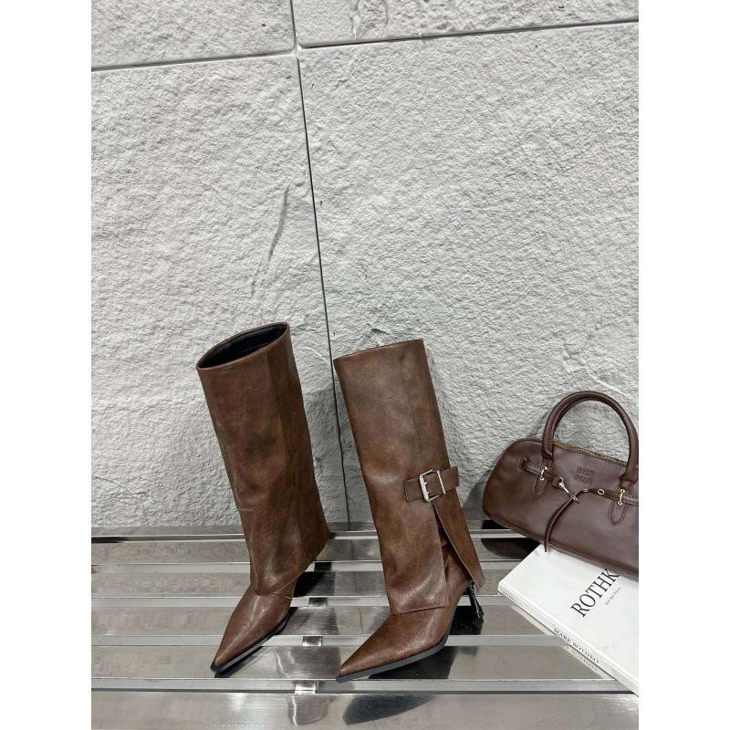 осень-зима 2025 новые, но модные ботфорты до колена, британские кожаные с пряжкой, остроносые на шпильке, женские сапоги, персонализированные сапоги для брюк 39 темно-коричневого
