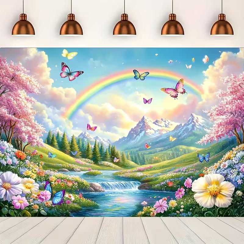 2D Rainbow Mountain Valley Tapestry, Spring Floral Butterfly Backdrop 47.2x31.5inch/120*80cm
2D Rainbow Mountain Valley Tapestry, Spring Floral Butterfly Backdrop 47.2x31.5inch/120*80cm