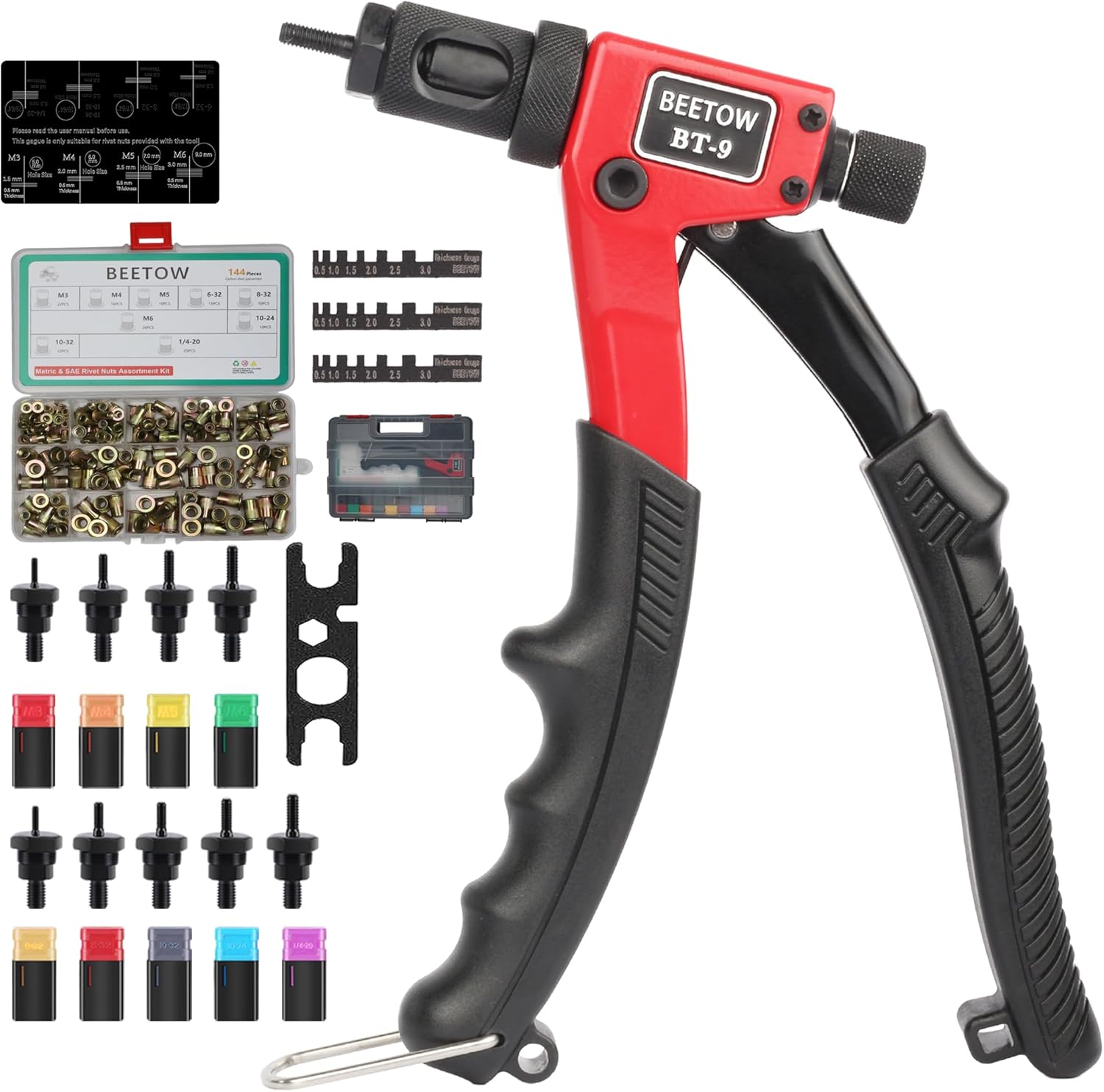 Набор инструмента для заклепочных гаек 16 – Заклепочный пистолет SAE и метрический с 15 оправками (M3–M12, #6–1/2 ) & 200 гаек-заклепок
Набор инструмента для заклепочных гаек 16 – Заклепочный пистолет SAE и метрический с 15 оправками (M3–M12, #6–1/2 ) & 200 гаек-заклепок