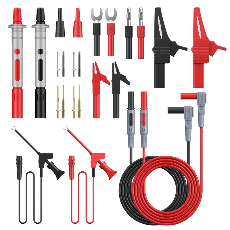 Universal Multimeter Test Leads with Replaceable Puncture Probes, Test Hook Clamps, and Alligator Clips for Automotive and Electrician Use
Universal Multimeter Test Leads with Replaceable Puncture Probes, Test Hook Clamps, and Alligator Clips for Automotive and Electrician Use