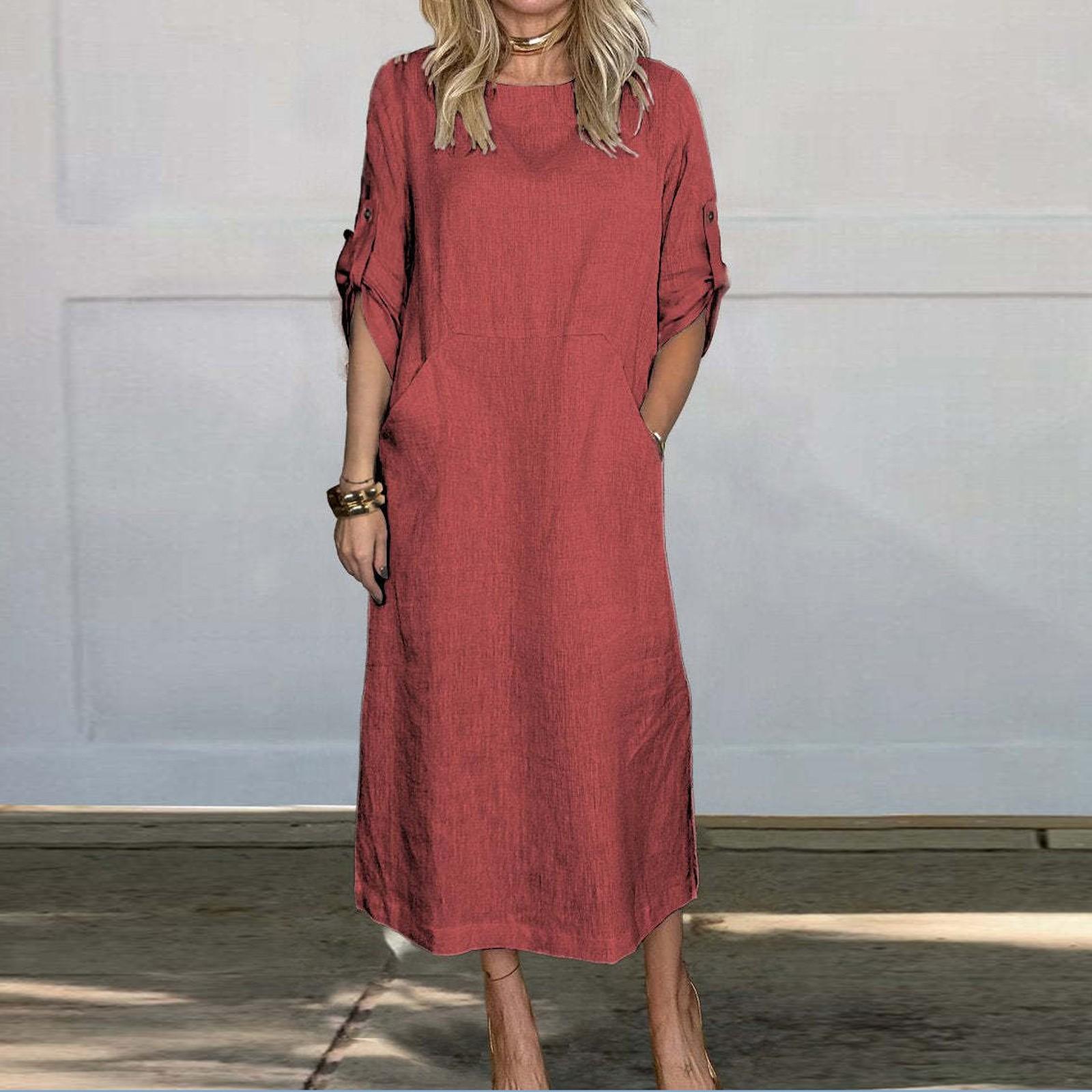 Женское однотонное повседневное платье из хлопка и льна с круглым вырезом, двойными боковыми карманами и рукавами 3/4, длинное платье XXL красный
Женское однотонное повседневное платье из хлопка и льна с круглым вырезом, двойными боковыми карманами и рукавами 3/4, длинное платье XXL красный
