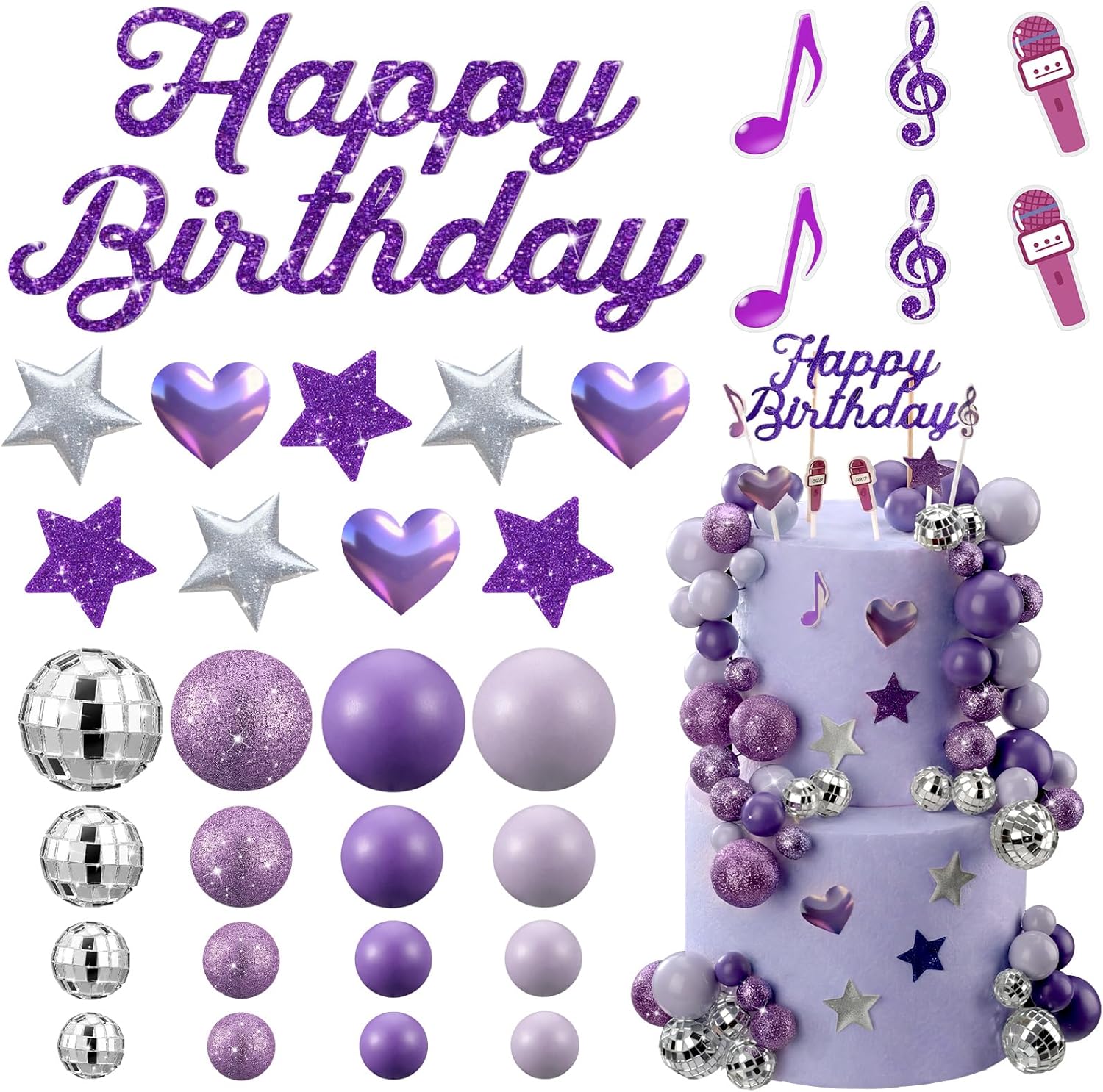 Complete K-Pop Party Cake Topper: Purple Disco Balls, Mic, Hearts & “Happy Birthday” – Music Theme Decor
Complete K-Pop Party Cake Topper: Purple Disco Balls, Mic, Hearts & “Happy Birthday” – Music Theme Decor