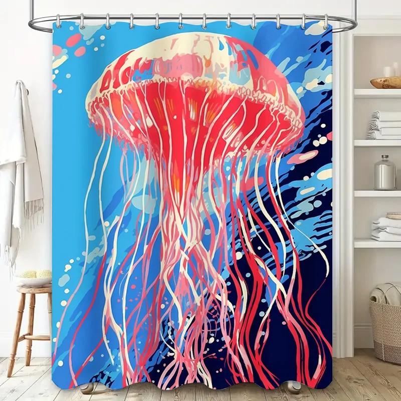 Stylish Jellyfish Shower Curtain for Bathroom Decor Waterproof Fabric with Blue Background Red White Streamers Design W90xH180cm
Stylish Jellyfish Shower Curtain for Bathroom Decor Waterproof Fabric with Blue Background Red White Streamers Design W90xH180cm