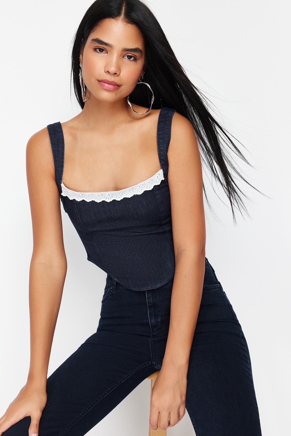 Women s Fashion New Bustier Dark Blue Collar Detailed Strap Denim Bustier L темно-синього кольору
Women s Fashion New Bustier Dark Blue Collar Detailed Strap Denim Bustier L темно-синього кольору