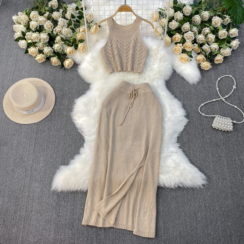 New Sexy Sexy Suit Hollow-out Short Sling + Mid Length Long Length Sheath Slit Knitted Skirt Two-piece Set Light brown All yards
New Sexy Sexy Suit Hollow-out Short Sling + Mid Length Long Length Sheath Slit Knitted Skirt Two-piece Set Light brown All yards