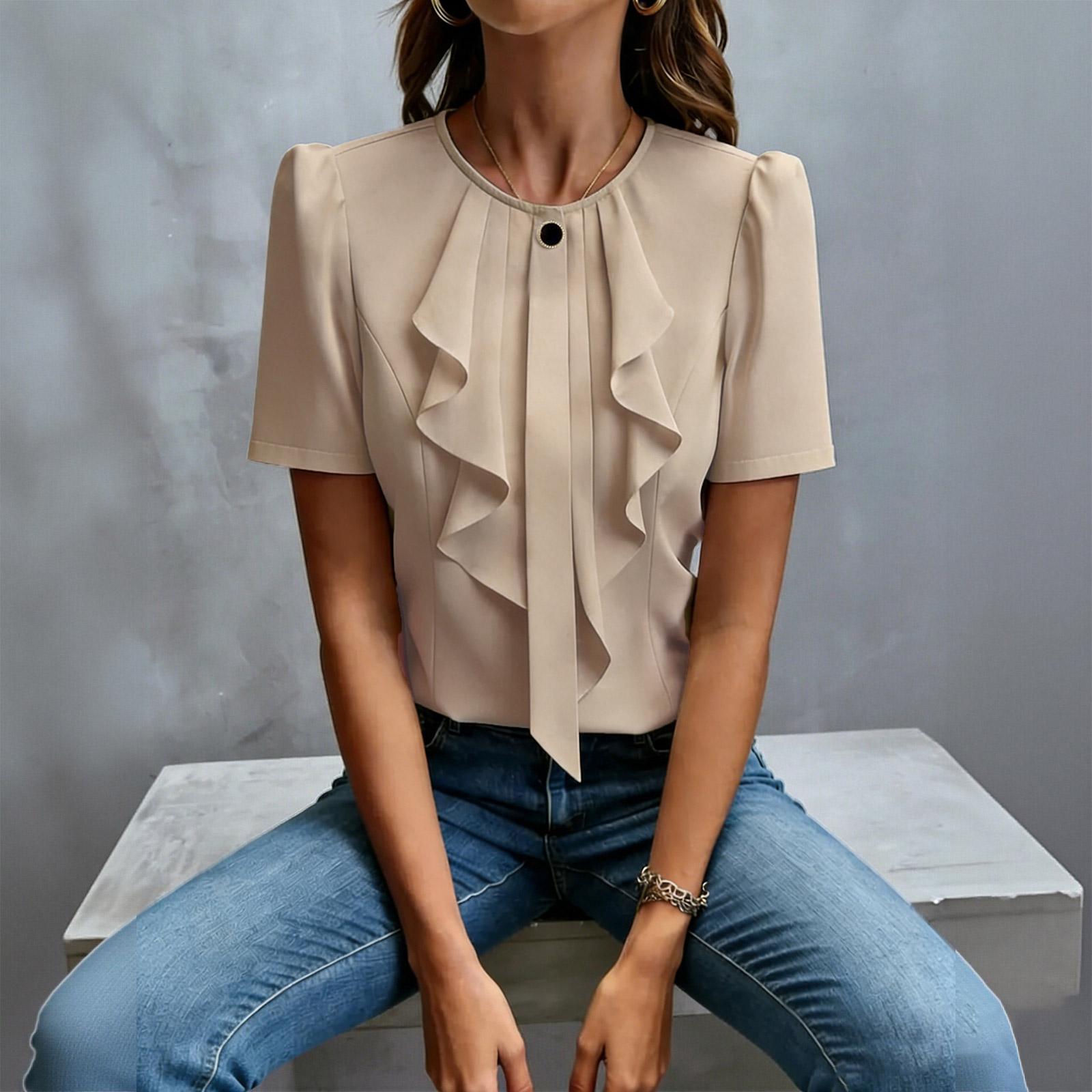 Women s Summer Short Sleeve Blouse Ruffled Front Detail Round Neck Lightweight Casual Shirt Top for Daily Wear L хакі
Women s Summer Short Sleeve Blouse Ruffled Front Detail Round Neck Lightweight Casual Shirt Top for Daily Wear L хакі