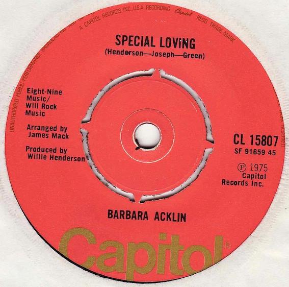7inch Record BARBARA ACKLIN - Special Loving / You Give Him Every CL15807 Capitol Records 1975 UK Soul/Funk Used
7inch Record BARBARA ACKLIN - Special Loving / You Give Him Every CL15807 Capitol Records 1975 UK Soul/Funk Used