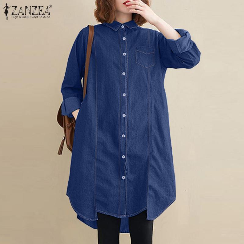 ZANZEA Женская рубашка с воротником и длинными рукавами, лоскутные карманные пуговицы, неровный подол, однотонная свободная длинная рубашка 
ZANZEA Женская рубашка с воротником и длинными рукавами, лоскутные карманные пуговицы, неровный подол, однотонная свободная длинная рубашка