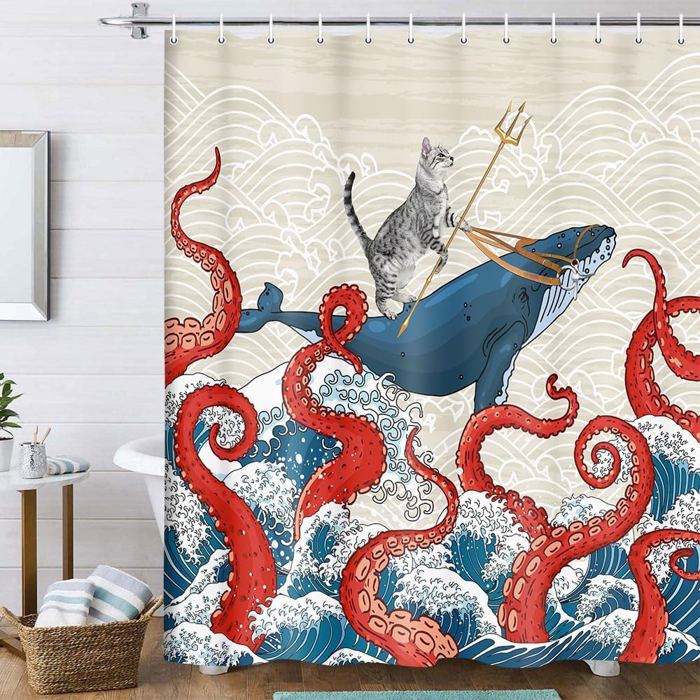 Funny Animal Shower Curtain, Cute Raccoons Ride Shark Ocean Waves Shower Curtain With Hooks, Nautical Coastal Fabric Bathroom W60H190(CM)-1 Pcs
Funny Animal Shower Curtain, Cute Raccoons Ride Shark Ocean Waves Shower Curtain With Hooks, Nautical Coastal Fabric Bathroom W60H190(CM)-1 Pcs