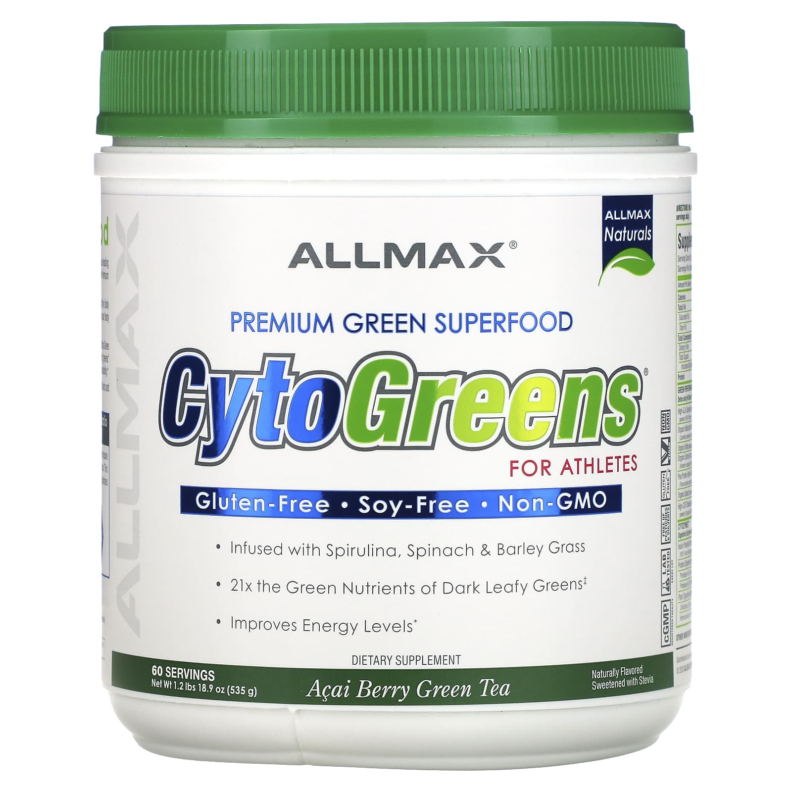 ALLMAX, CytoGreens, Premium Green Superfood for Athletes, Acai Berry Green Tea Flavor, 1.2 lb (535 g)
ALLMAX, CytoGreens, Premium Green Superfood for Athletes, Acai Berry Green Tea Flavor, 1.2 lb (535 g)