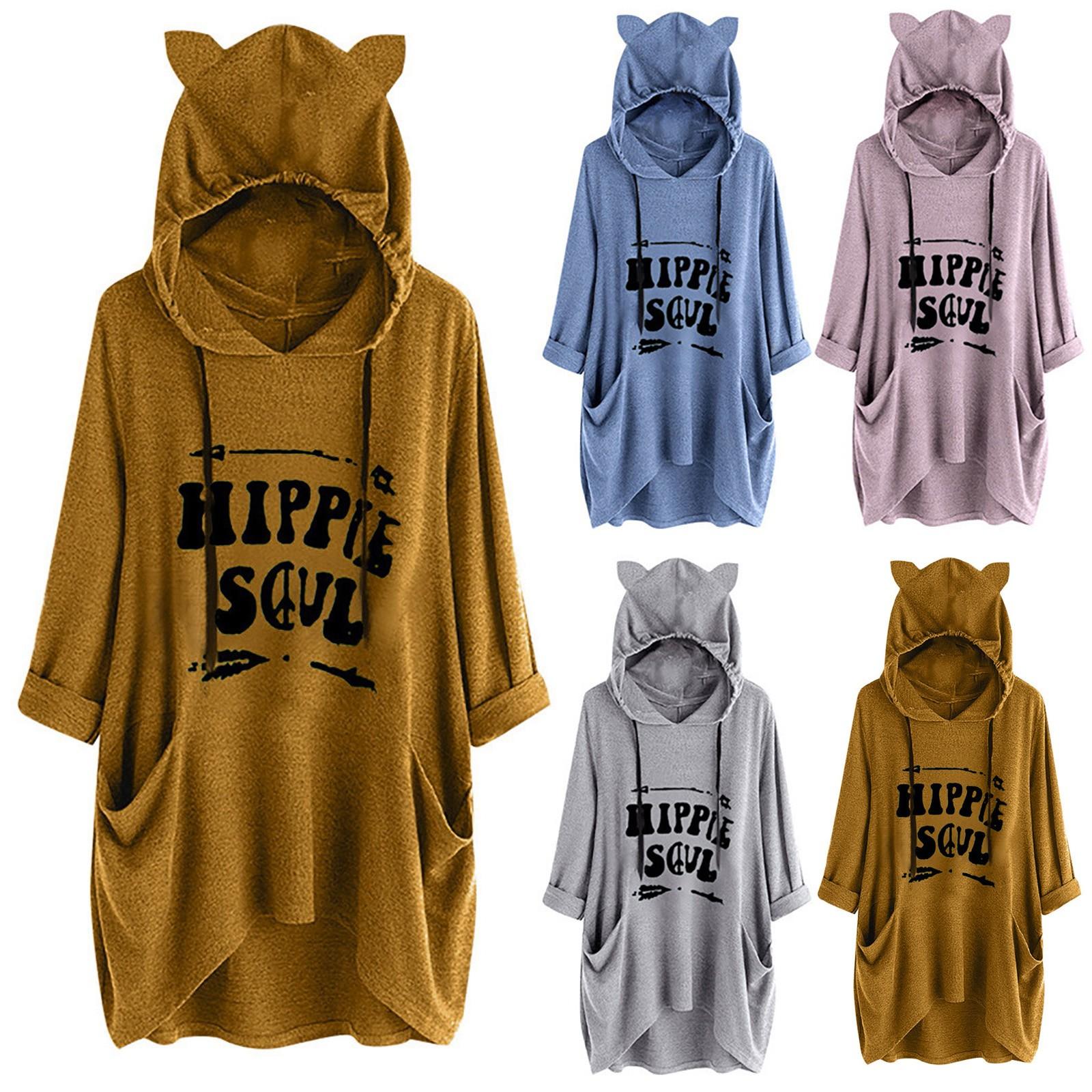 Женская повседневная печать с кошачьими ушками и капюшоном с длинными рукавами и карманом нерегулярная верхняя блузка 
Женская повседневная печать с кошачьими ушками и капюшоном с длинными рукавами и карманом нерегулярная верхняя блузка