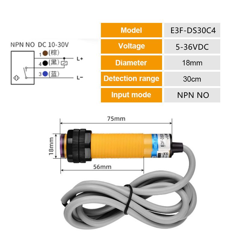 E3F-DS30C4 Proximity Switch Photoelectric sensor switch NPN PNP DC5-36V 30cm 10cm Detection Range Adjustable E3F-DS30P1/P2/C2/Y1
E3F-DS30C4 Proximity Switch Photoelectric sensor switch NPN PNP DC5-36V 30cm 10cm Detection Range Adjustable E3F-DS30P1/P2/C2/Y1
