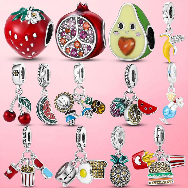 Pomegranate Charms CZ Zircon Strawberry Avocado Fruit Beads fit Charms Bracelet DIY Original Silver Color Jewellery