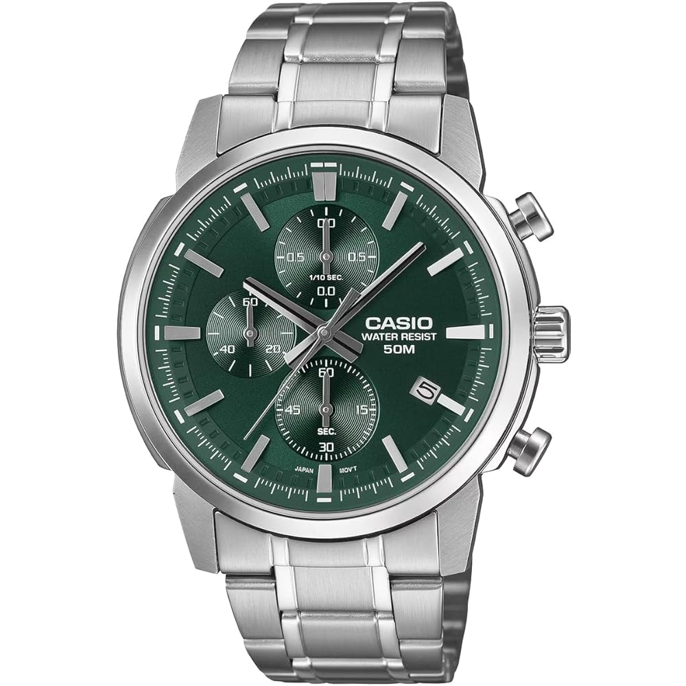 Casio Standard Men s Quartz Watch 1/10 Second Chronograph Green MTP-E510D-3AV
Casio Standard Men s Quartz Watch 1/10 Second Chronograph Green MTP-E510D-3AV