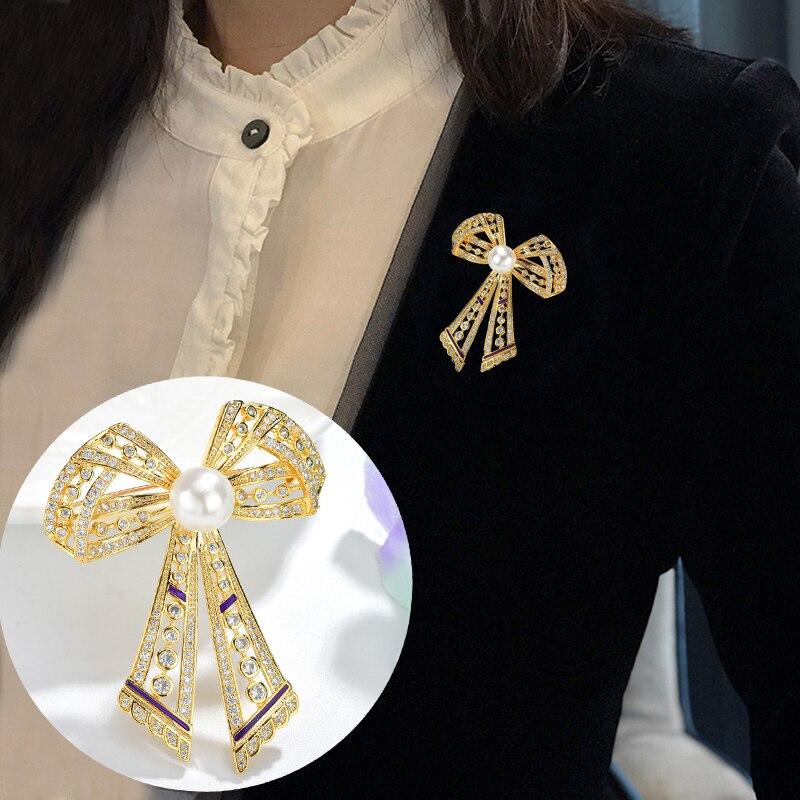 Золотая брошь с бантом из кубического циркона ААА для женщин, модные украшения, платье, пальто, милые аксессуары, свадебные подарки