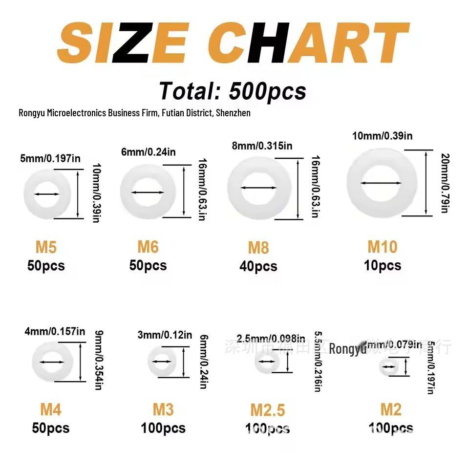 500-Piece White Nylon Flat Washer Set - 8 Sizes: M2, M2.5, M3, M4, M5, M6, M8, M10
500-Piece White Nylon Flat Washer Set - 8 Sizes: M2, M2.5, M3, M4, M5, M6, M8, M10