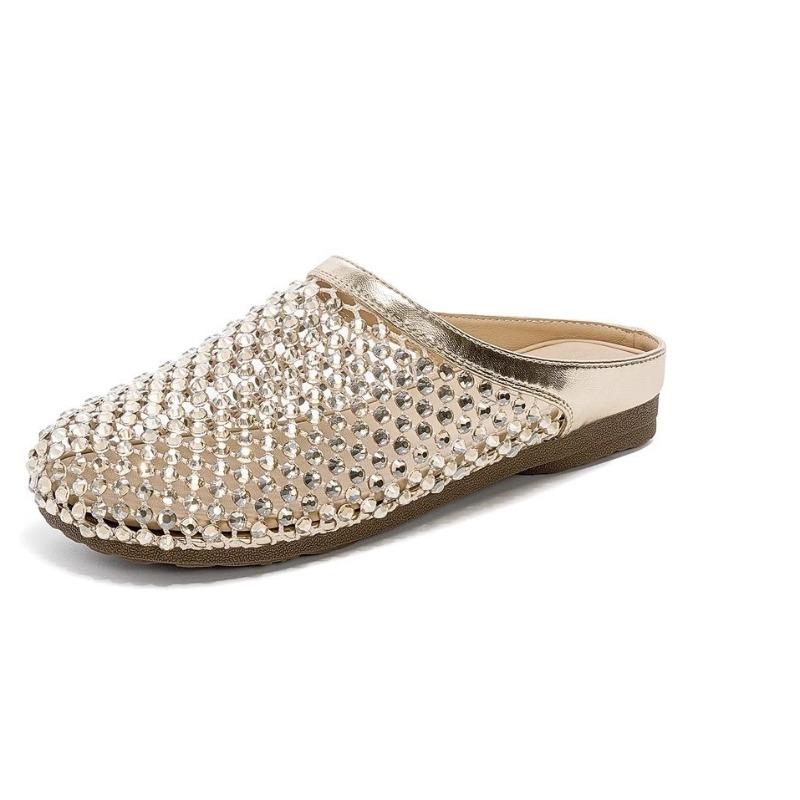 Стразы Слипоны Ленивые Баотоу Полушлепанцы Женские Летние Уличные Модные Новые Мягкая Подошва Нескользящие Плоские Шлепанцы 38 золотой
