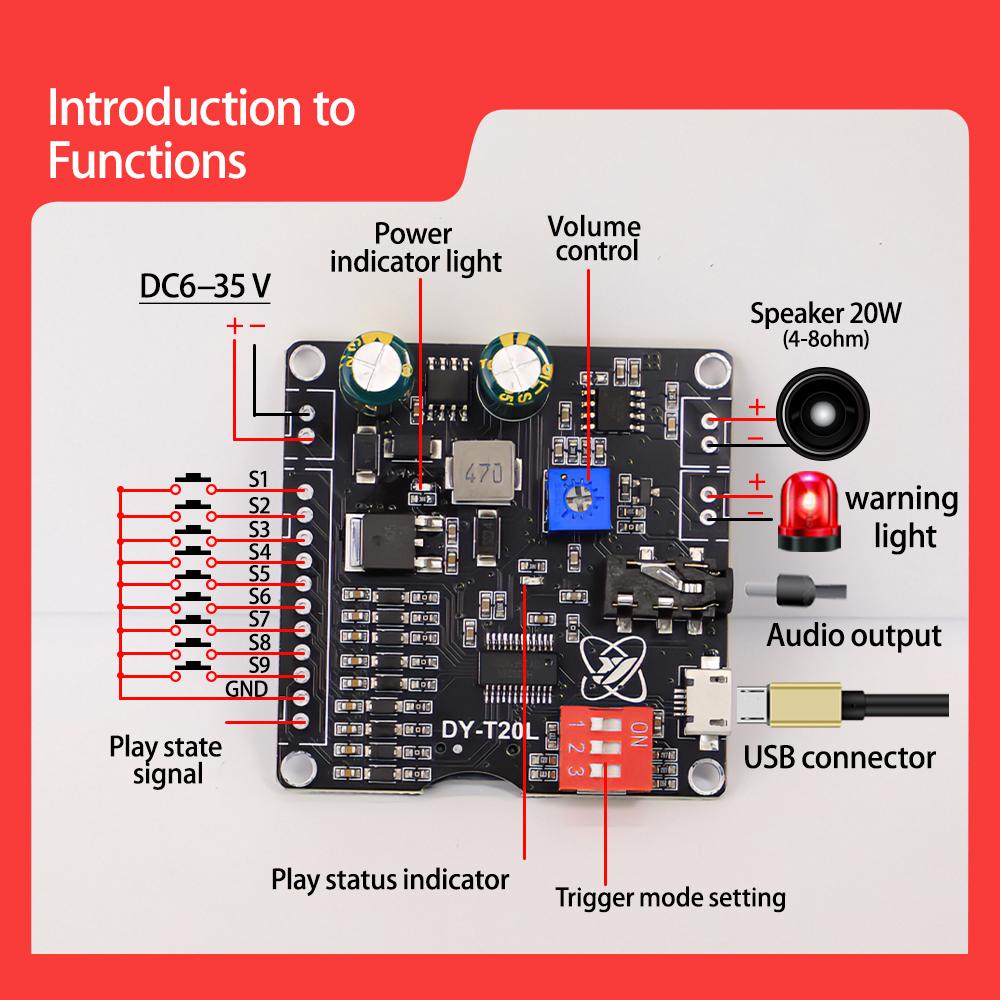 10 Вт 20 Вт MP3-плеєр Звуковий модуль Плата відтворення голосу 9CH OneforOne Control Module Audio Player чорний
10 Вт 20 Вт MP3-плеєр Звуковий модуль Плата відтворення голосу 9CH OneforOne Control Module Audio Player чорний