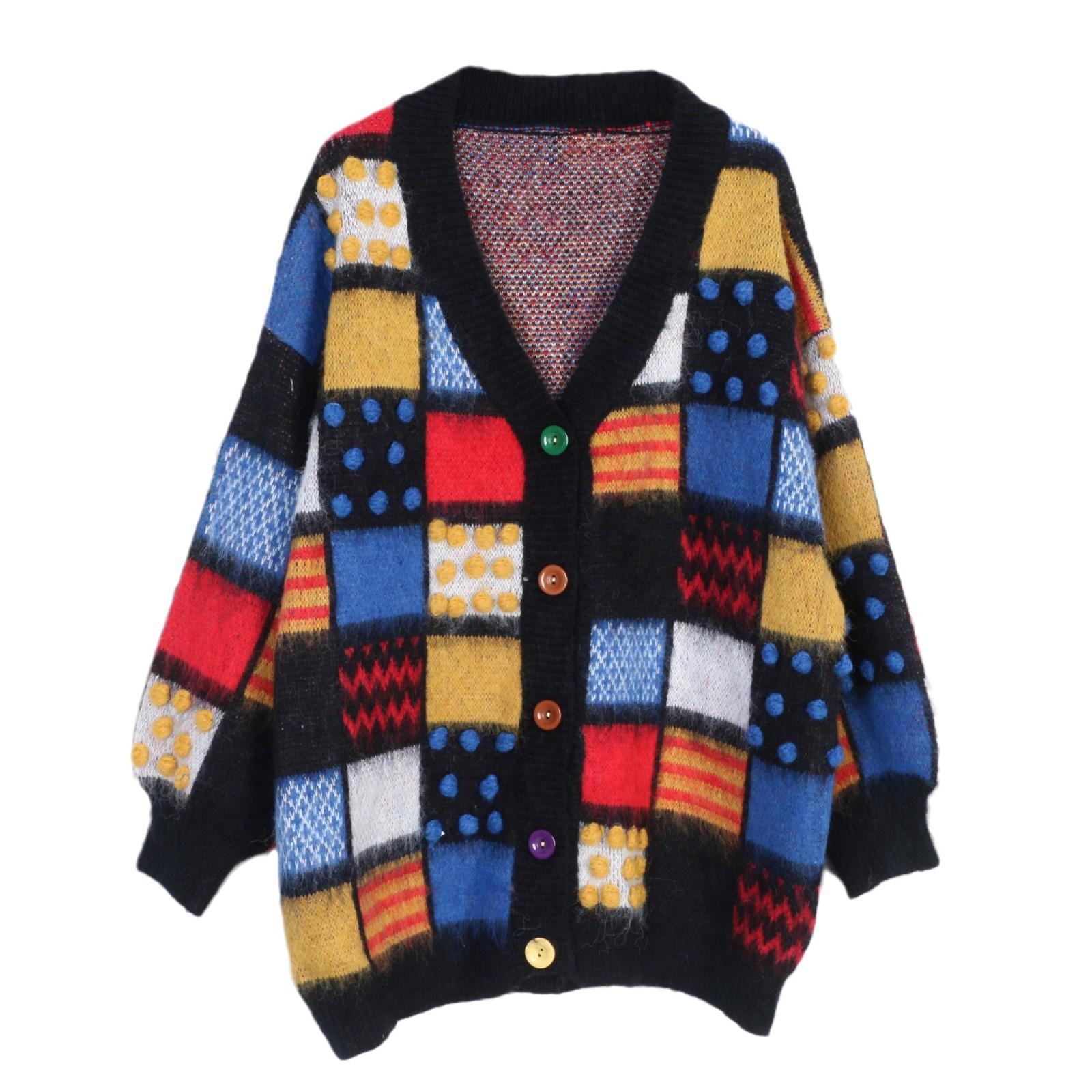 Korean Retro Color Block Plaid Mohair V-Neck Knit Cardigan Sweater with Pom Poms Large
Korean Retro Color Block Plaid Mohair V-Neck Knit Cardigan Sweater with Pom Poms Large