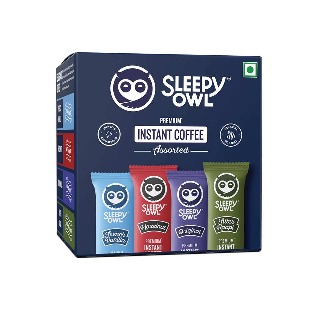 Sleepy Owl Premium Instant Coffee Sachets | 96 g - Pack of 48 Assorted Coffee Powder Sachets | 2g Each - Original, French Vanilla, Hazelnut, and
Sleepy Owl Premium Instant Coffee Sachets | 96 g - Pack of 48 Assorted Coffee Powder Sachets | 2g Each - Original, French Vanilla, Hazelnut, and