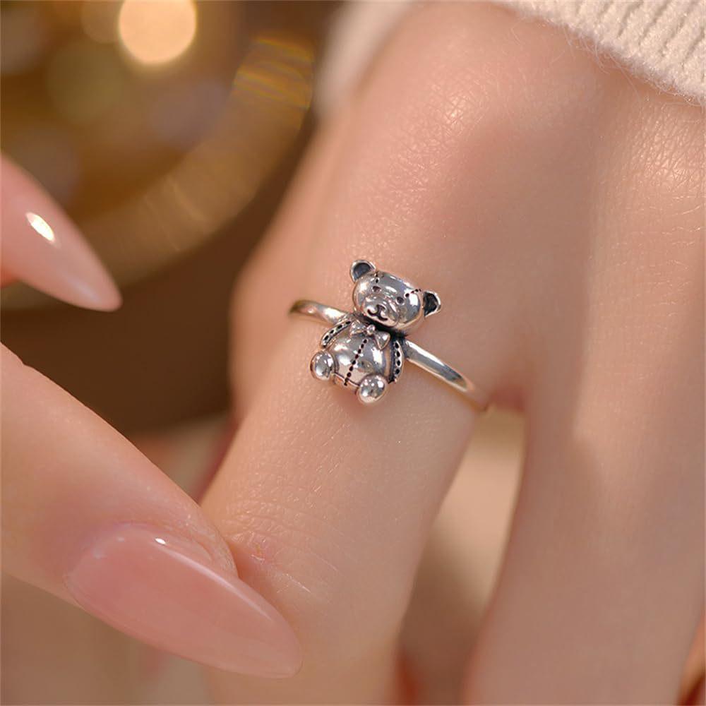 Ретро милое кольцо с медведем: Корейско-японский стиль моды для девочек - Регулируемый аксессуар на указательный палец Adjustable Open