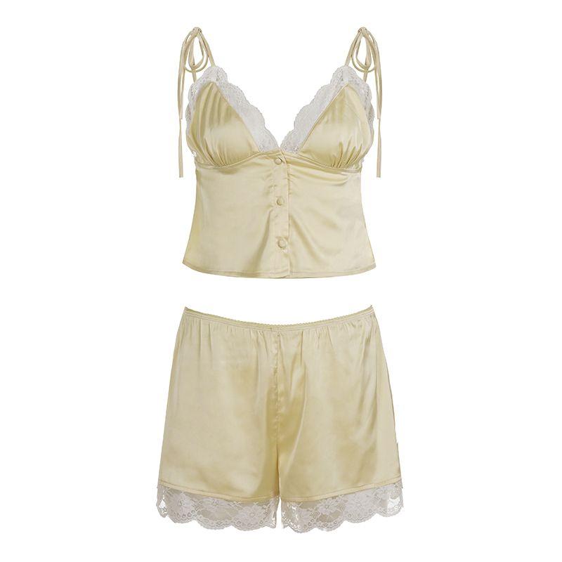 H Home European and American Women s Clothing French Light Yellow Ice Silk Satin Homewear Suits Lace Lace Spaghetti-Strap + Casual Shorts Light yellow L
H Home European and American Women s Clothing French Light Yellow Ice Silk Satin Homewear Suits Lace Lace Spaghetti-Strap + Casual Shorts Light yellow L