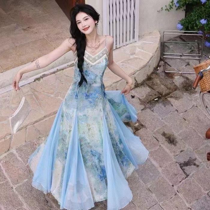 Blue smudge print long dress lace webbing dress summer gentle atmosphere temperament commuter splicing suspender skirt S
Blue smudge print long dress lace webbing dress summer gentle atmosphere temperament commuter splicing suspender skirt S