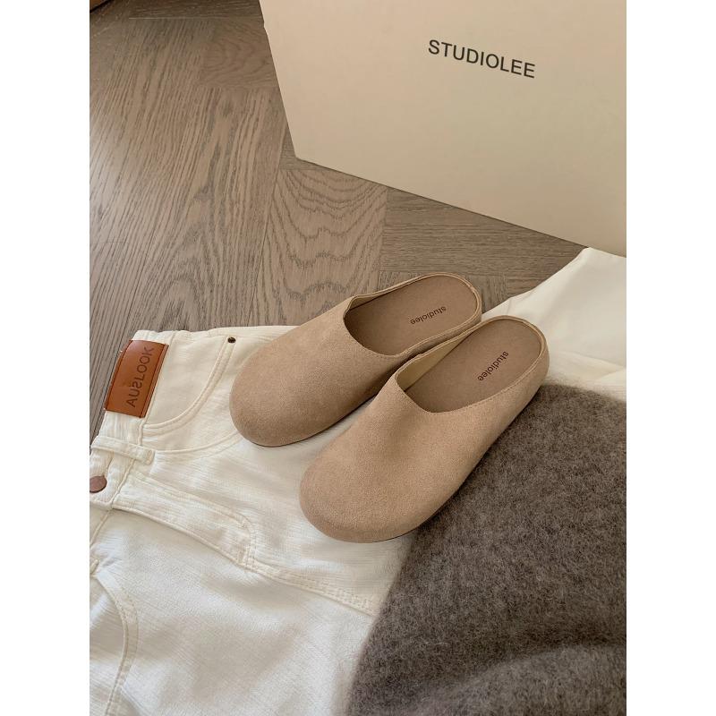 Версия из коровьей кожи~ ряд ветра мягкая поверхность ленивый человек один педаль толстая подошва большая голова полушлепанцы женщина 40 абрикосовый