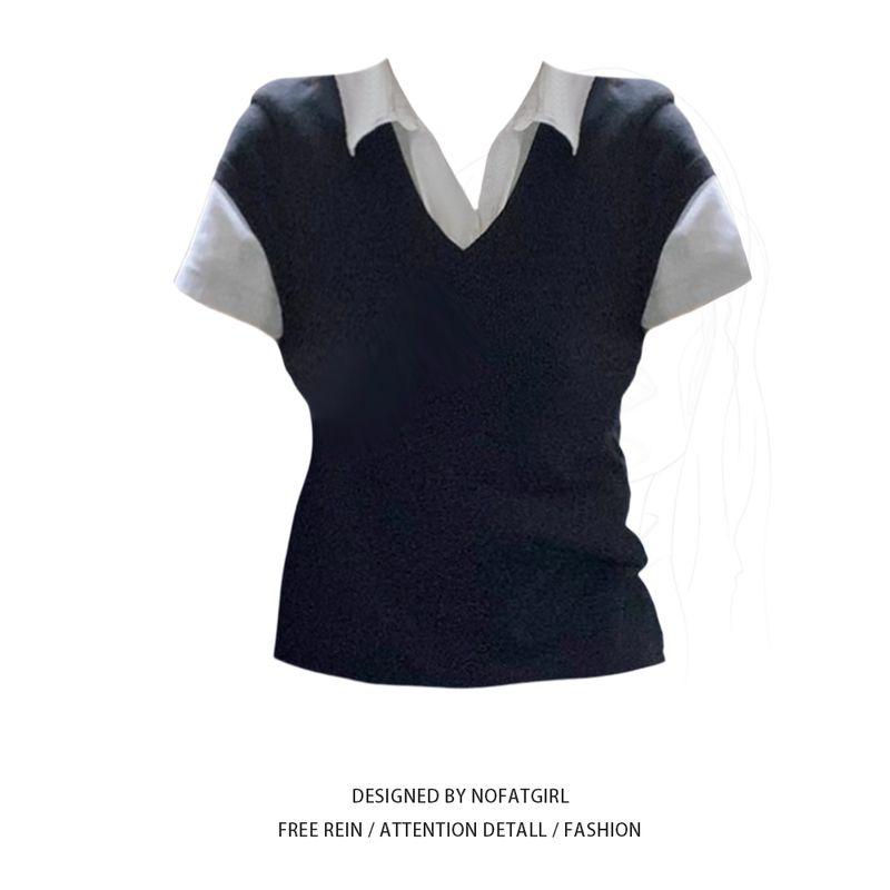 Plus Size Fat Sister Polo Collar Contrast Color Fake Two Pieces Shirts Women s Summer Patchwork Short Sleeve Loose Shirt Preppy Style Top Fake Two-Piece Top L
Plus Size Fat Sister Polo Collar Contrast Color Fake Two Pieces Shirts Women s Summer Patchwork Short Sleeve Loose Shirt Preppy Style Top Fake Two-Piece Top L