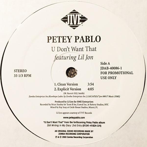 12-дюймовая пластинка PETEY PABLO, LIL JON - U Don t Want That JDAB400861 Jive 2003 США Рэп и хип-хоп/R&B Б/У
12-дюймовая пластинка PETEY PABLO, LIL JON - U Don t Want That JDAB400861 Jive 2003 США Рэп и хип-хоп/R&B Б/У