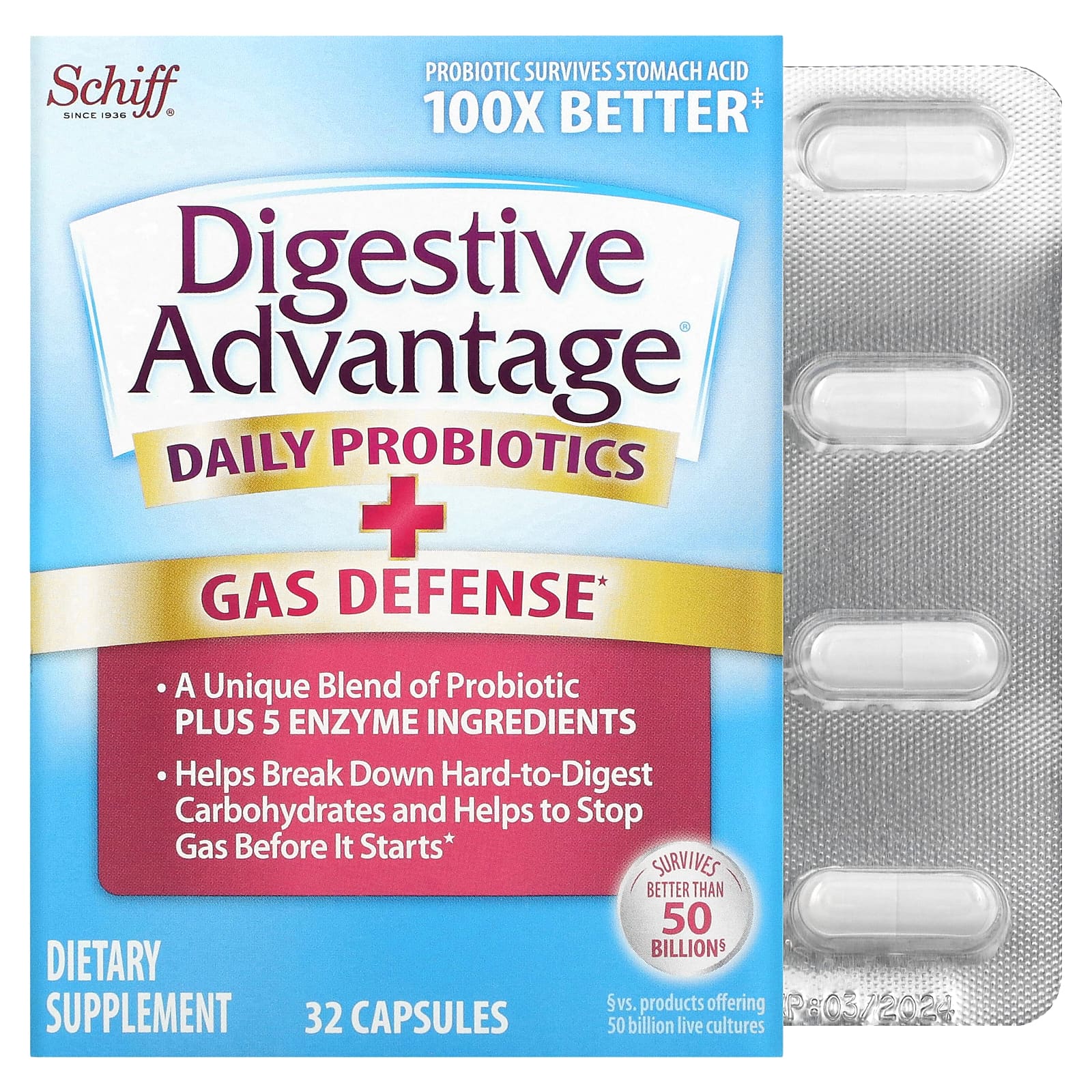 Schiff, Digestive Advantage, щоденний пробіотик + захист від газів, 32 капсули
Schiff, Digestive Advantage, щоденний пробіотик + захист від газів, 32 капсули