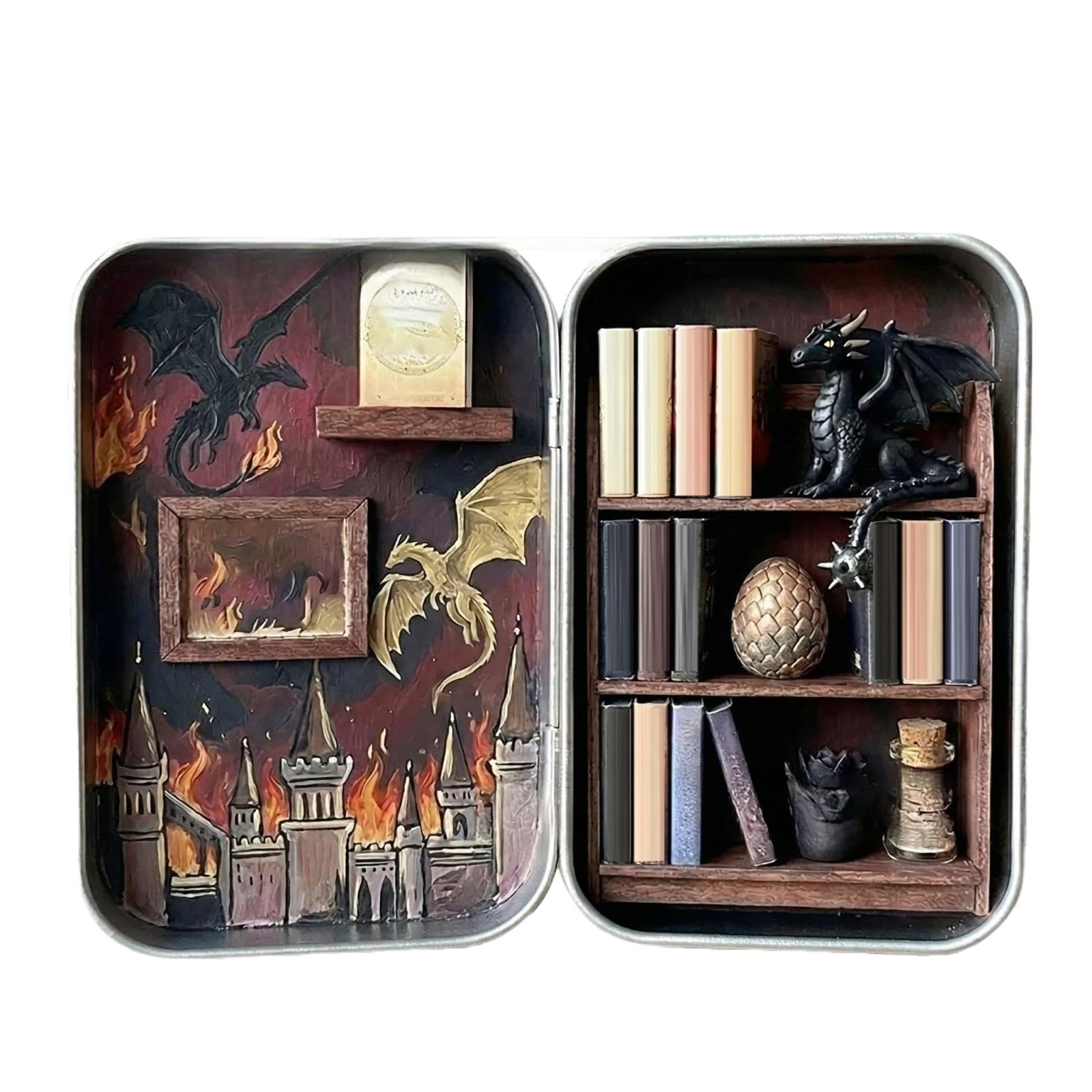 Miniature Dragon Library Model Tin Box with Detailed Bookshelves and Dragon Figurine Decorative Collectible Display Case
Miniature Dragon Library Model Tin Box with Detailed Bookshelves and Dragon Figurine Decorative Collectible Display Case