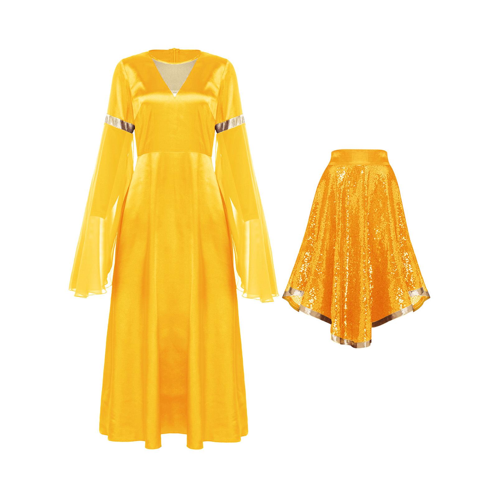 Womens Liturgical Praise Dance Dress Long Sleeve Flared Chiffon Overlay Satiny Tunic Irregular Hem Sequined Skirt S золотий
Womens Liturgical Praise Dance Dress Long Sleeve Flared Chiffon Overlay Satiny Tunic Irregular Hem Sequined Skirt S золотий