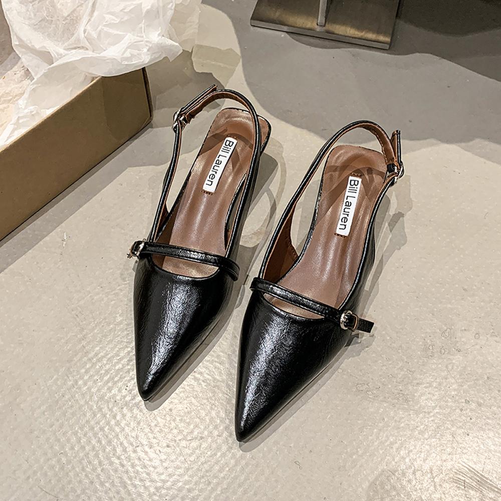 2025 Женские Сексуальные Туфли на Высоком Каблуке Женские Сандалии Летняя Мода Острый Носок Низкий Каблук Лодочки Слингбэки Элегантная Женская Обувь на Каблуке 40 чёрный