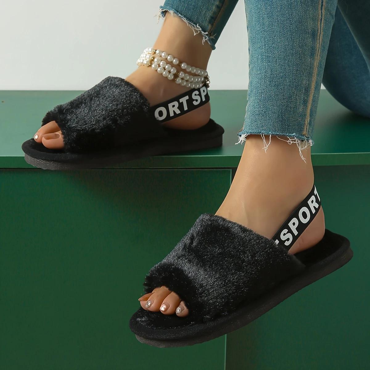 Женские уютные плюшевые тапочки на подкладке с эластичным ремешком на щиколотке - Мягкая подошва, Открытый носок, Теплые домашние тапочки для помещения, Черные, Удобная подошва из ЭВА 40-41 чёрный