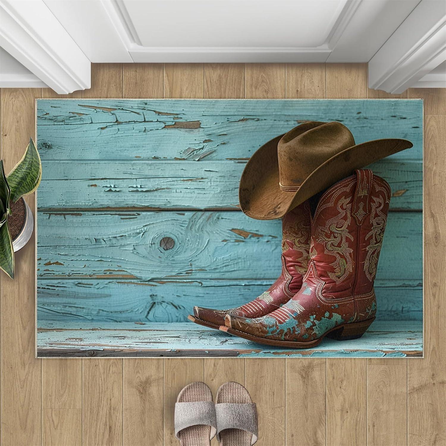 Western Cowboy Boots Hat Doormat Rustic Turquoise Wood Plank Pattern Country Western Home Decor Carpet Soft Non-Slip Welcome Mat 40x60cm
Western Cowboy Boots Hat Doormat Rustic Turquoise Wood Plank Pattern Country Western Home Decor Carpet Soft Non-Slip Welcome Mat 40x60cm