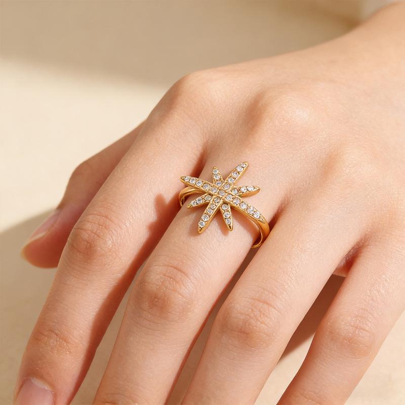 Fashionable and Versatile Six-pointed Star Gold Diamond-set Open Titanium Steel Ring for Women, Suitable for Slender Fingers.
Fashionable and Versatile Six-pointed Star Gold Diamond-set Open Titanium Steel Ring for Women, Suitable for Slender Fingers.