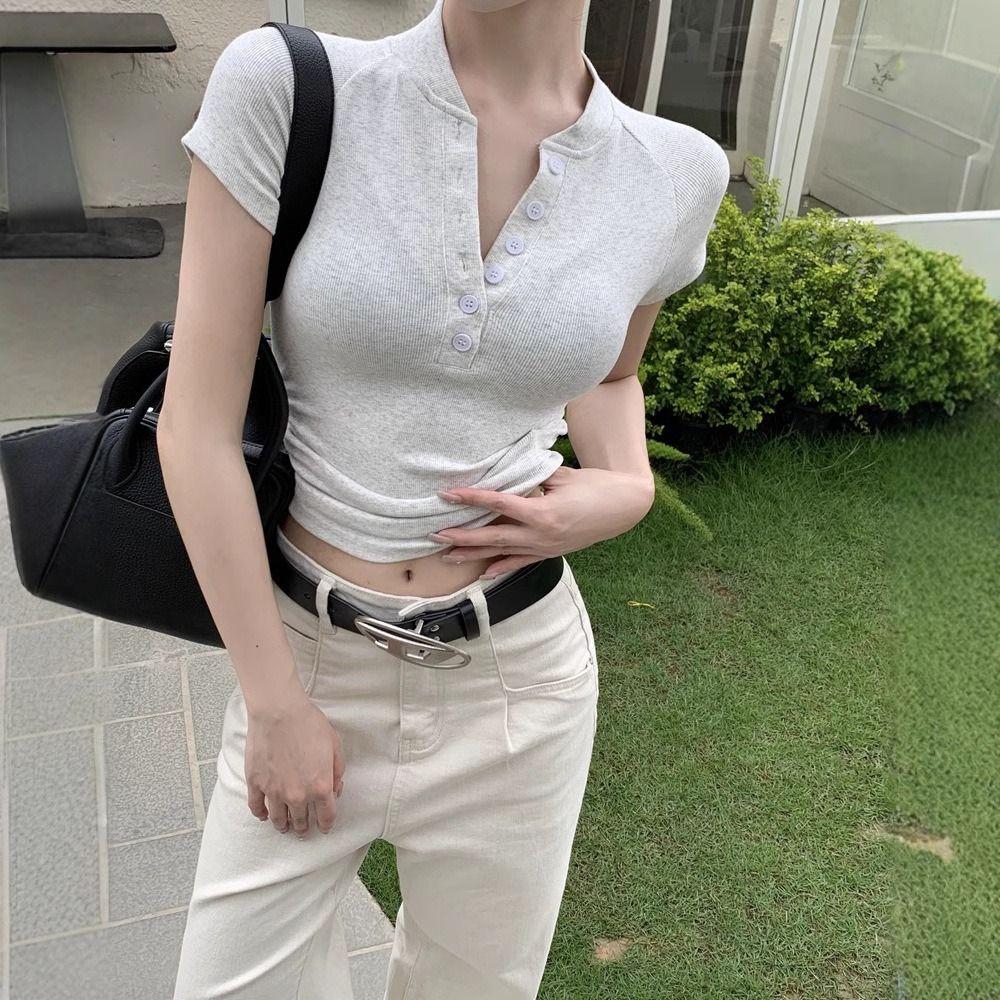 Y2K Short Sleeve Crop Top Button Simple T-shirts Women Fashion Half Open Collar T Shirt Summer M сірий
Y2K Short Sleeve Crop Top Button Simple T-shirts Women Fashion Half Open Collar T Shirt Summer M сірий