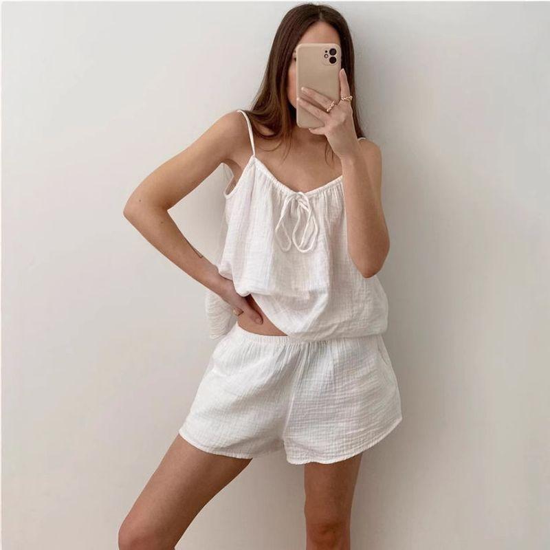 Summer Hanging Neck Sleeve Double-Layer Gauze Lace-up Drawstring Casual Set White Pajamas Women Set White Pajamas White S
Summer Hanging Neck Sleeve Double-Layer Gauze Lace-up Drawstring Casual Set White Pajamas Women Set White Pajamas White S