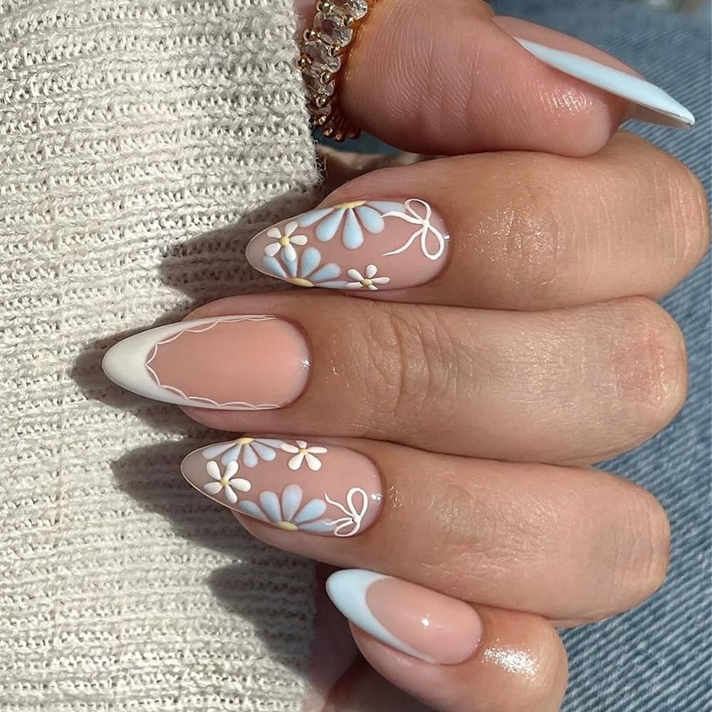 24Pcs Medium Almond Press On Nails, Nude with Blue/White French Tips & Daisy Bow Fake Nails for Summer United States
24Pcs Medium Almond Press On Nails, Nude with Blue/White French Tips & Daisy Bow Fake Nails for Summer United States