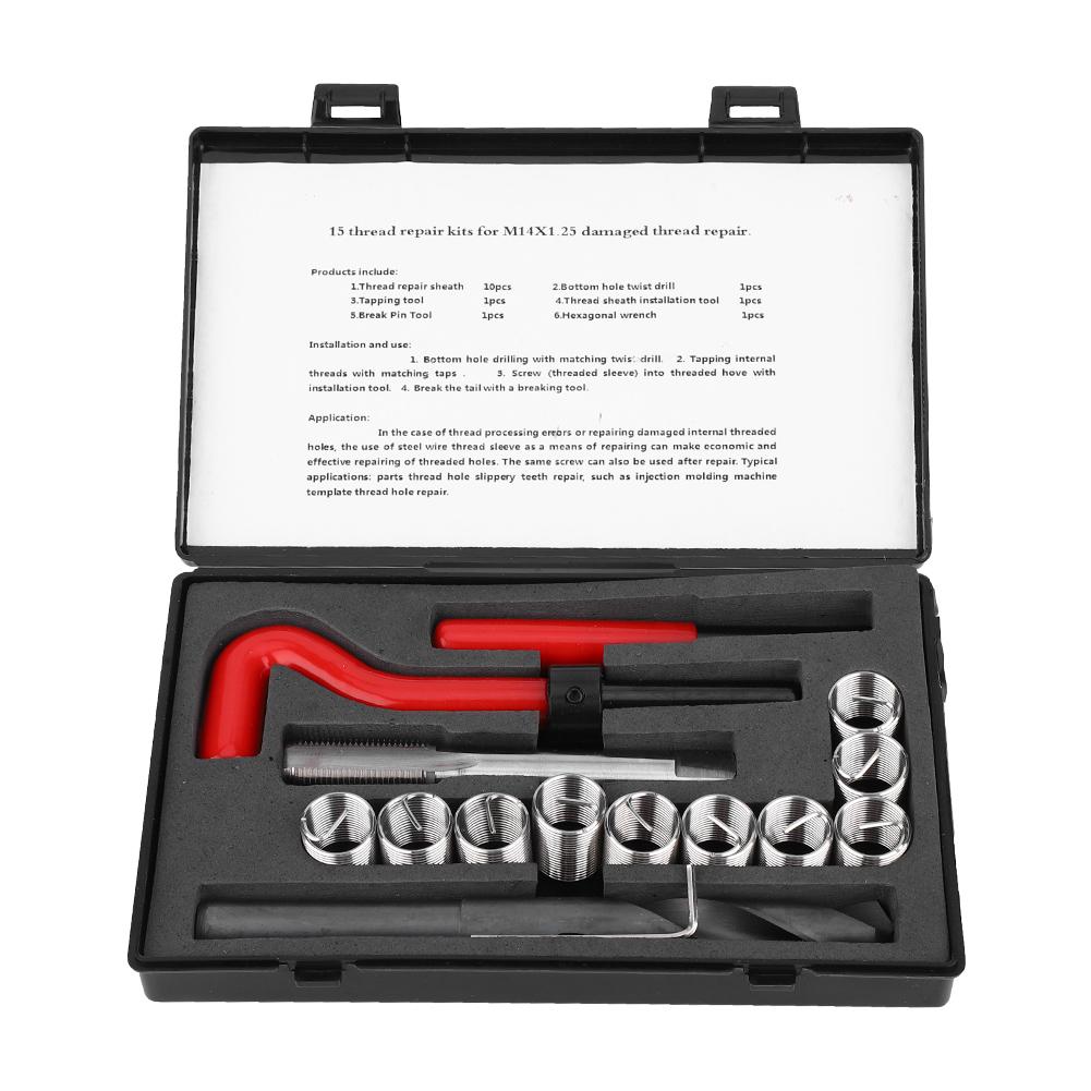 15Pcs Thread Repair Kit Stainless Steel Twisted Drill Wrench Threaded Insert for Car M14x1.25
15Pcs Thread Repair Kit Stainless Steel Twisted Drill Wrench Threaded Insert for Car M14x1.25