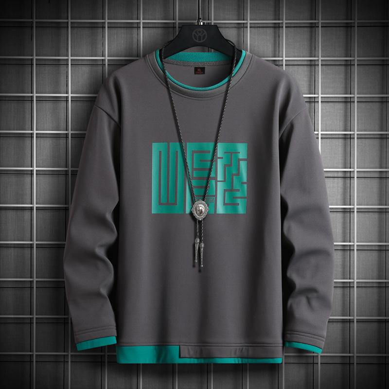 Толстовка мужская осенняя футболка с длинными рукавами поддельная двухкомпонентная свободная модная Универсальная нижняя часть рубашки Верхняя мужская одежда 5XL серый