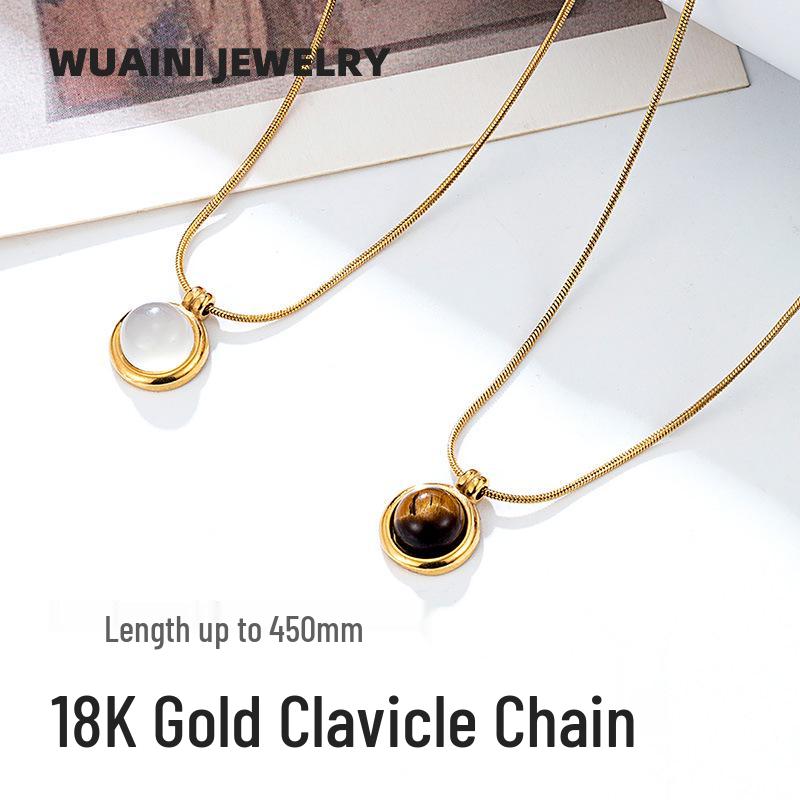 Light Luxury Style Titanium Steel Pendant with Natural Tiger Eye and 18K Moonstone on Snake Bone Chain for Women 18K Gold/Tiger Eye/Choker
Light Luxury Style Titanium Steel Pendant with Natural Tiger Eye and 18K Moonstone on Snake Bone Chain for Women 18K Gold/Tiger Eye/Choker