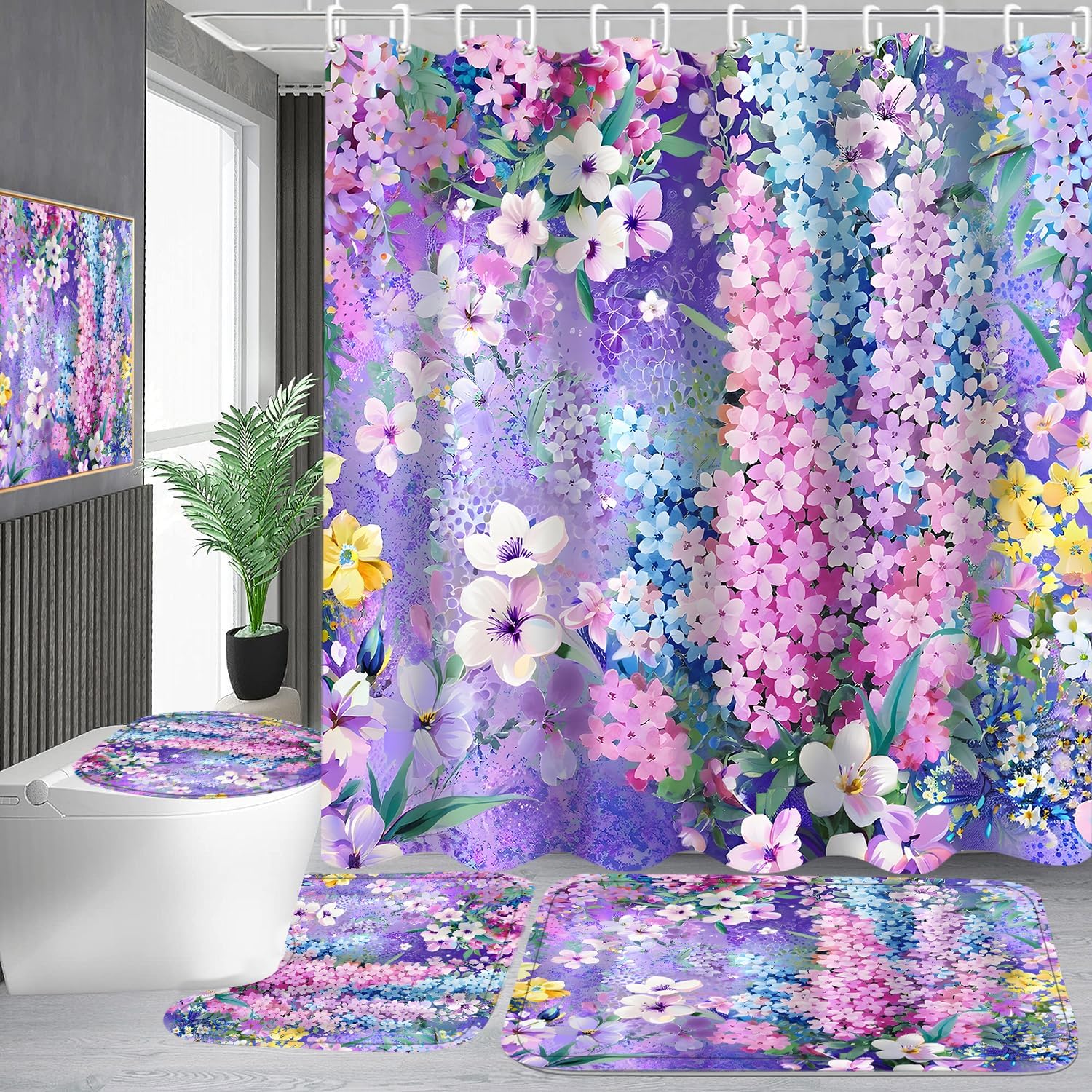 Фиолетовая цветочная шторка для душа из 4 частей Милый красочный цветочный набор для ванной комнаты со шторкой для душа и ковриками, Красивый фанковый акварельный кло 90x180cm
Фиолетовая цветочная шторка для душа из 4 частей Милый красочный цветочный набор для ванной комнаты со шторкой для душа и ковриками, Красивый фанковый акварельный кло 90x180cm