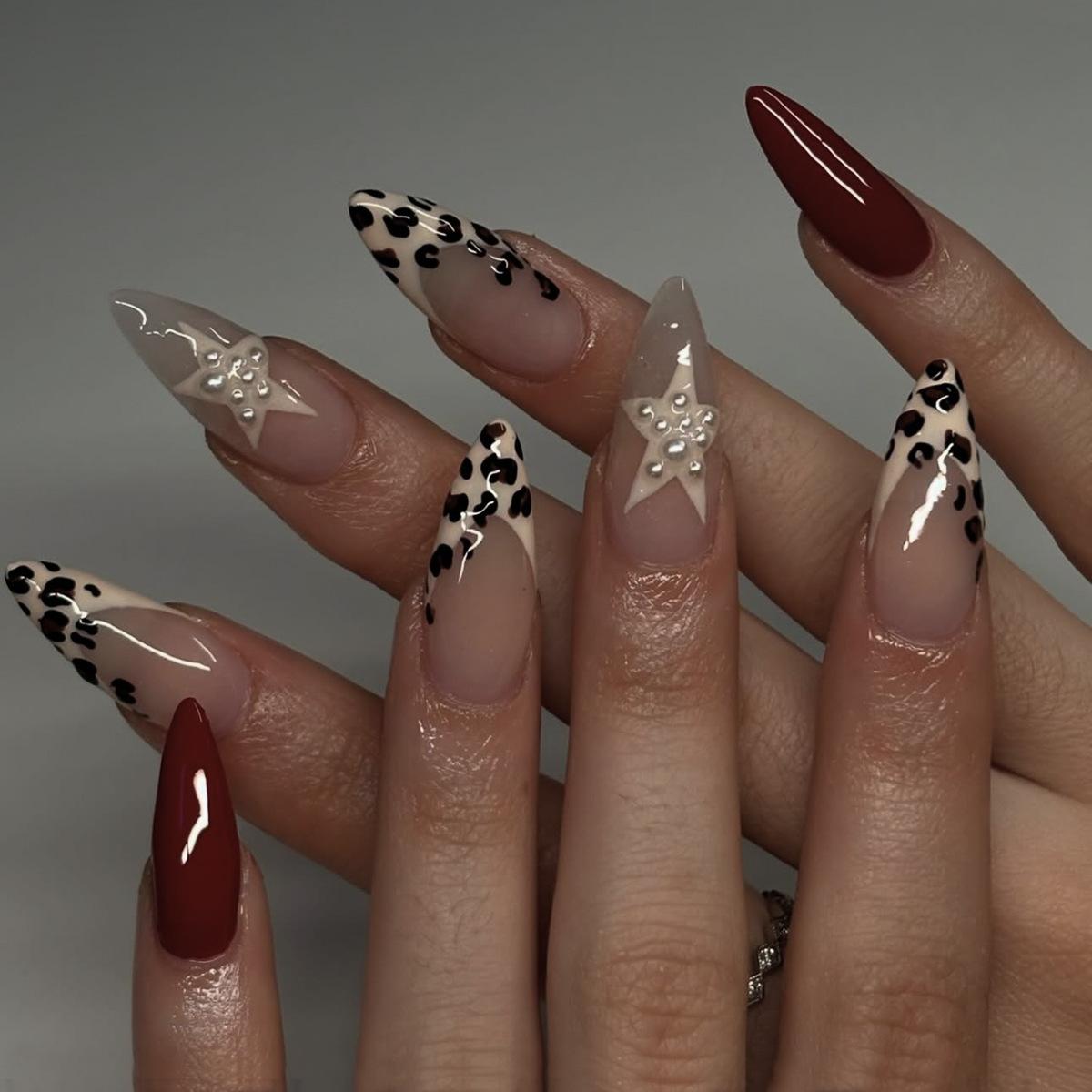 24Pcs Long Almond Press On Nails, Nude with Leopard Print French Tips & 3D Star Pearl Fake Nails United States
24Pcs Long Almond Press On Nails, Nude with Leopard Print French Tips & 3D Star Pearl Fake Nails United States