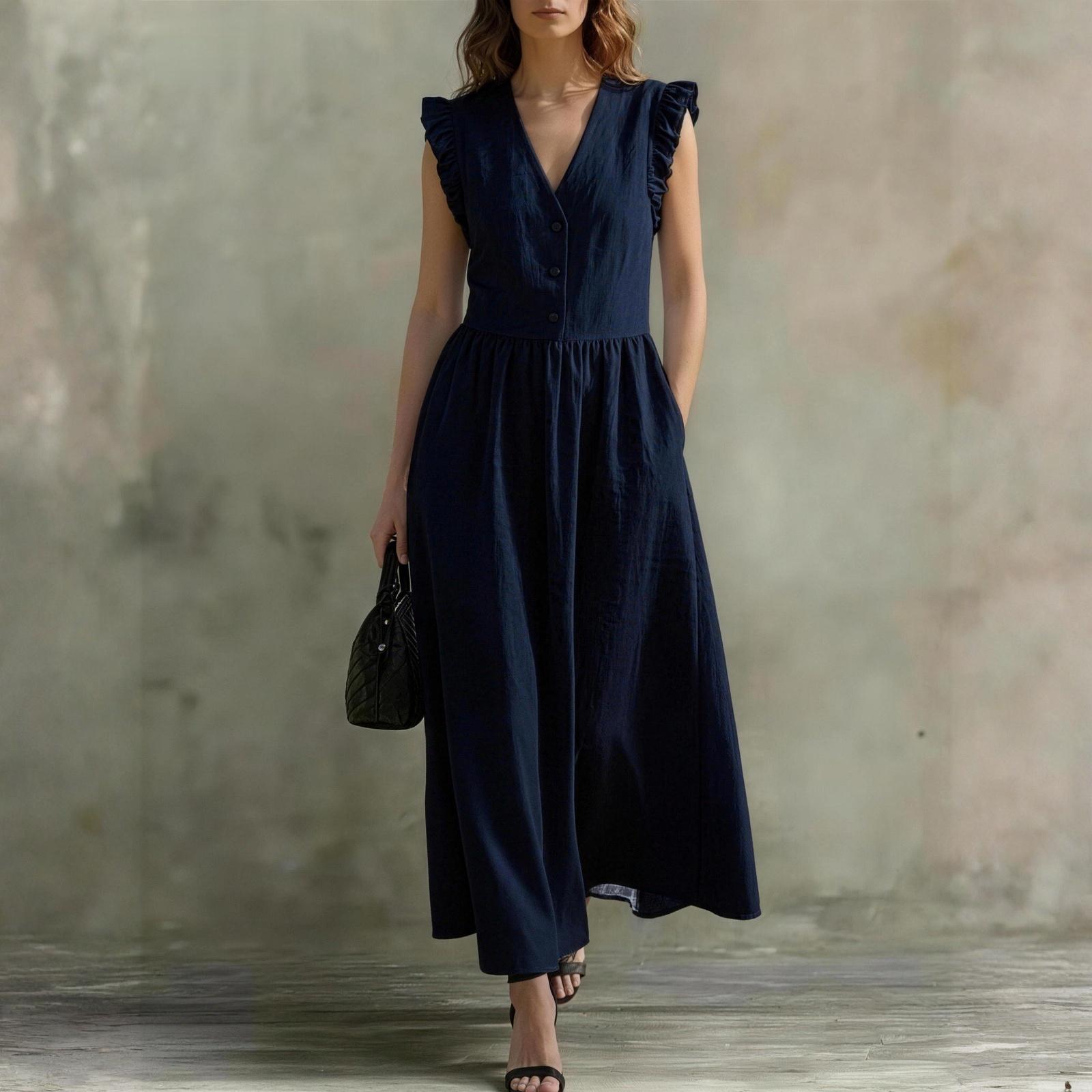 Women V Neck Casual Dress with Three Button Front Pocket Design Sleeveless Elegant Ruffle Shoulder Loose Fit Long Dress XL тёмно-синий
Women V Neck Casual Dress with Three Button Front Pocket Design Sleeveless Elegant Ruffle Shoulder Loose Fit Long Dress XL тёмно-синий