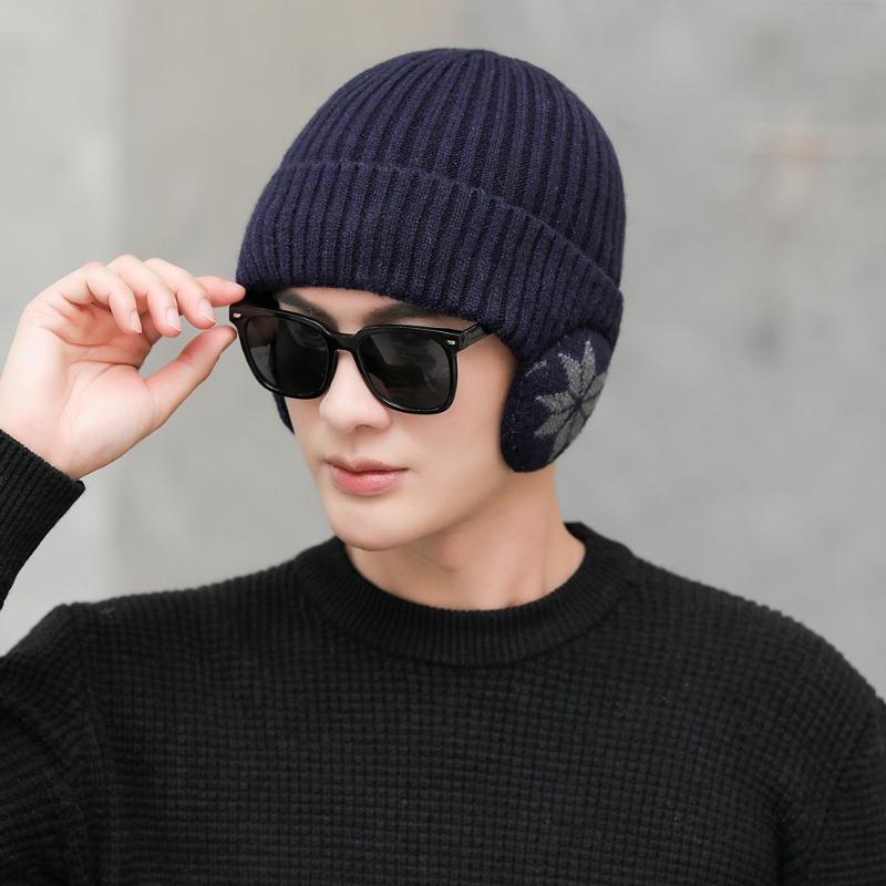 Шапка Женская флисовая утолщенная зимняя теплая шарф-костюм Велосипедная шапка с защитой ушей Мужская вязаная шерстяная шапка тёмно-синий